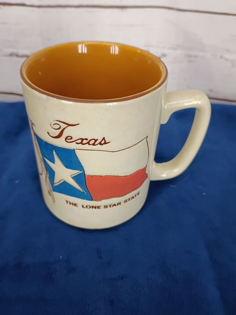 Texas Ceramic Mug Featuring Lone Star State Map & Landmarks Yellow Interior Vint